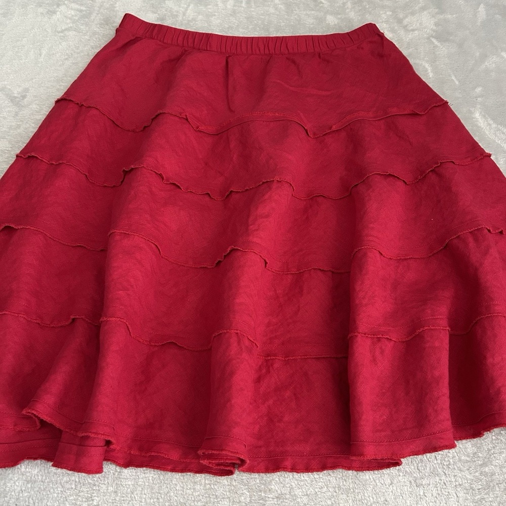 Soft Surroundings Casual Midi Skirt SzM Red Linen Tiered Pull On Coastal Boho